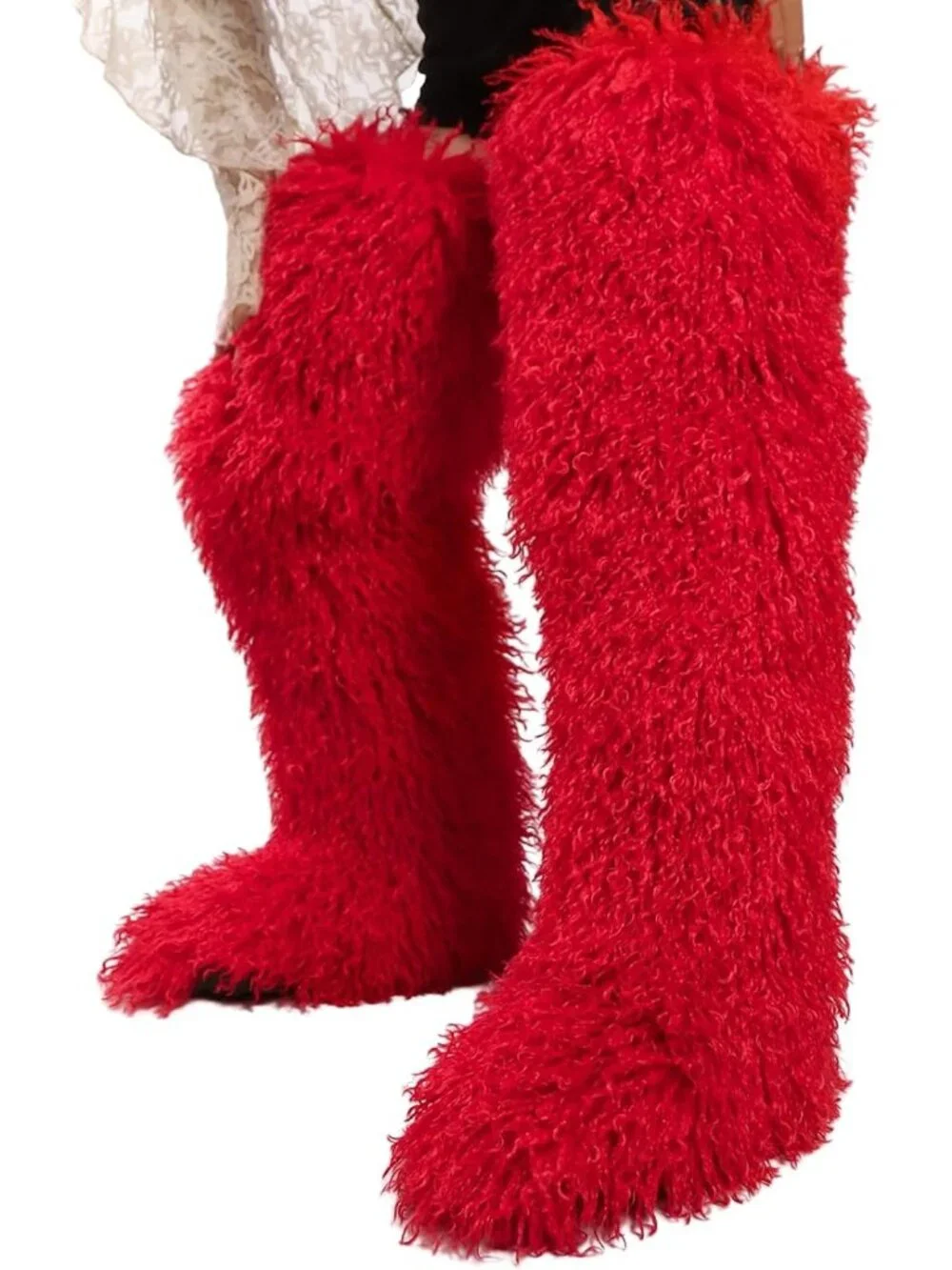 Women's Red Round Toe Comfort Over The Knee Fluffy Fur Thigh High Boots